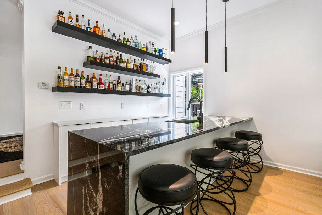 Custom bar with marble top — Chevron Way Decatur renovation